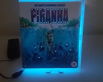 Upcycled DVD Case-lamp-Desk lamp-Night light-Pirahna-Horror Decor-Upcycled-Horror Movie-Neon-Led