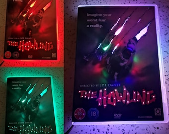 Upcycled-Tablelamp-The Howling-Multicolour Neon Dvd-Nightlight-Desklamp-Horror Movies-Horror Decor-Werewolves-Any Movie Made to Order