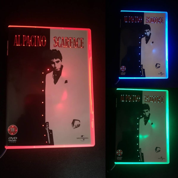 Boîtier de DVD upcyclé-lampe de bureau-Veilleuse-Scarface-Décoration de film-Upcycled-Gangster Movie-Neon-Led-Tony Montana