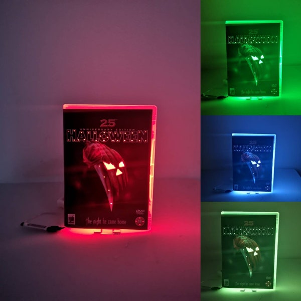 Upcycled DVD Case,Halloween, Multicolour Neon Nightlight, Dvd,Tablelamp, Any Movie Made to Order