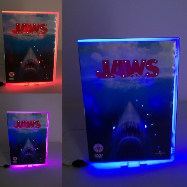 Upcycled DVD Case-lamp-Desk lamp-Night light-Jaws-Horror Decor-Upcycled-Horror Movie-Neon-Led