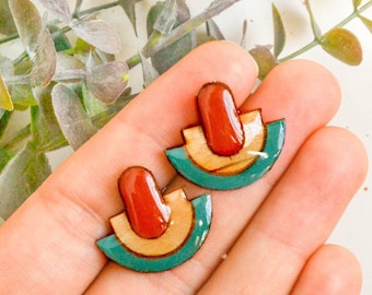 Mid century stud earrings, retro colorful earrings, vintage studs modern, statement jewelry, turquoise earrings red