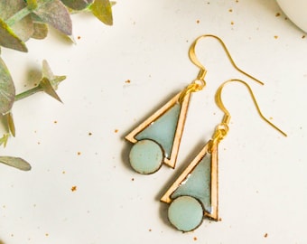 Blue aqua triangle earrings, resin geometric earrings gold plated, wood recylced earrings for women, blue earrings acrylic modern boho style