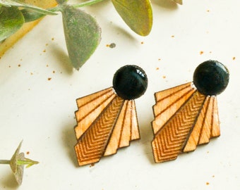Black art deco stud earrings, minimalist art nouveau earrings, acrylic wood earrings, vintage modern jewelry for women
