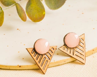 Small pink stud earrings in wood, modern minimalist earring studs, cute jewelry for women, unique gift for mom