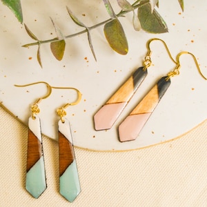Wood dangle drop earrings handmade and hypoallergenic bar earrings