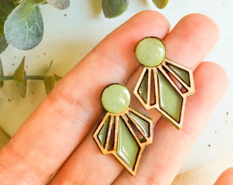 Green earrings art deco, vintage green earrings, art nouveau inspired studs, wood earrings women, personalized gift, art deco jewelry