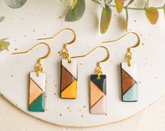 Geometric modern dangle earrings, simple wood earrings dangly, rectangle drop earrings, sustainable jewelry gift idea