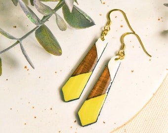 Trendy earrings, mustard yellow earrings, yellow wood dangle earrings, christmas gift for her