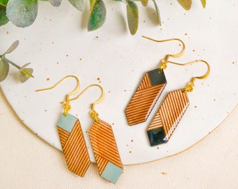 Mismatched earrings dangle geometric, wood drop earrings, long blue earrings, modern jewelry gifts