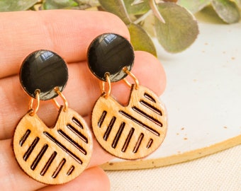 Statement big hoop earrings, black wood dangle earrings boho, lightweight large earrings, modern jewelry gift