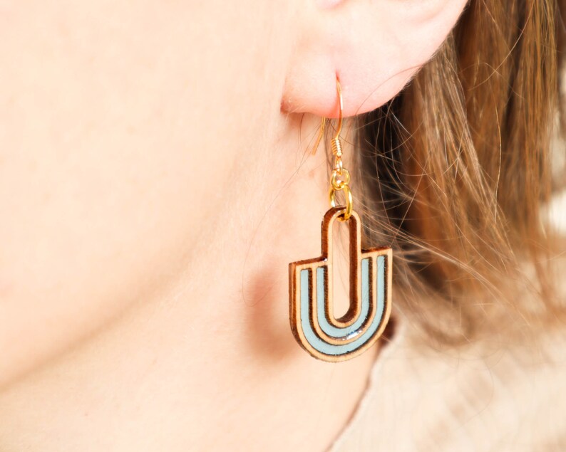 Vintage modern earrings, fan art deco dangle earrings, geometric dangling earrings, mid century inspired jewelry image 3