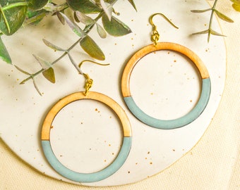 Big hoops earrings wood, large hoops hypoallergenic in sky blue, earrings thick hoops, chunky jewelry in boho style, statement dangle hoops