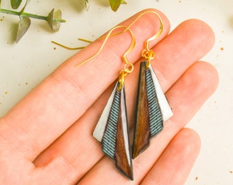 Long boho wood earrings dangle, patterned wooden earrings, stylish earrings dangling, women gift ideas