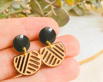 Wood dangle stud earrings, small simple earrings dangling, black earrings everyday, sustainable wooden jewelry