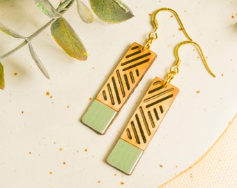 Long wood drop earrings, green boho wood earrings, handmade wood jewelry, sustainable gifts for her