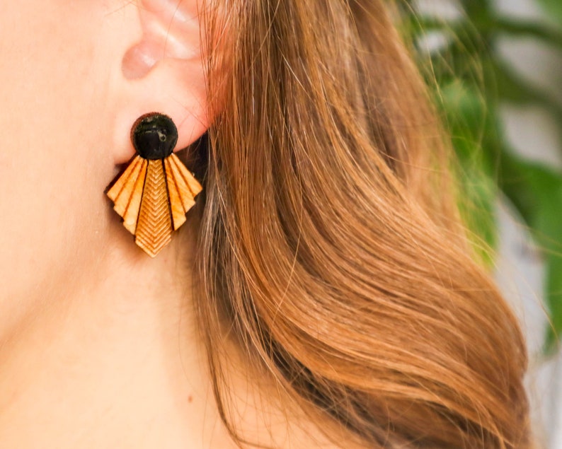 Art deco big stud earrings and retro style black earrings for women