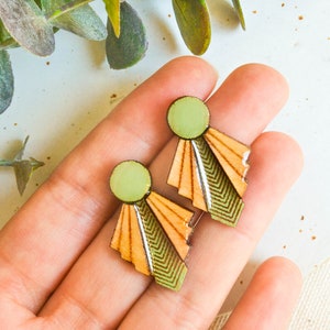 Art deco green statement earrings and vintage modern handmade stud earrings