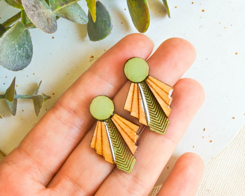 Art deco green statement earrings and vintage modern handmade stud earrings