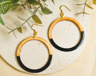 Wood resin earrings hoop, big hoops earrings long, gold wooden jewellery
