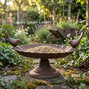 Può includere: Una mangiatoia per uccelli a piedistallo di colore marrone con una base a forma di ciotola smerlata riempita di semi. Due piccole statuette di uccelli sono fissate sui lati opposti del bordo. Il testo "Rustic Garden Lovers" è visibile sopra.