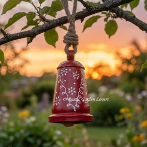 Può includere: Una campana in metallo rosso appesa a una spessa corda di juta. La campana presenta un motivo floreale bianco dipinto a mano con viticci e piccoli fiori. Il testo "Rustic Garden Lovers" è stampato in bianco sulla superficie della campana.