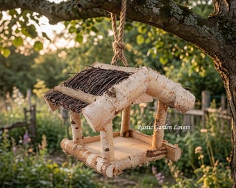 Comedero para pájaros, casita para pájaros, casita para pájaros hecha a mano, casa rústica para pájaros, comedero natural para pájaros, casita de madera para pájaros, casita de abedul para pájaros