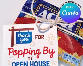 EDIT IN CANVA! 6 Tags Per Sheet, Thanks for Popping By My Open House, Real Estate Pop-By Tag, Popcorn Tag, Blue with Red