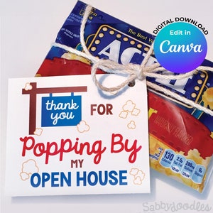 BEWERKEN IN CANVA! 6 tags per vel, bedankt voor het langskomen bij mijn opendeurdag, pop-bytag onroerend goed, popcorntag, blauw met rood