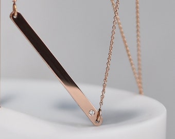 Collar de barra de oro macizo de 14 k con diamantes / Collar de barra de oro con diamantes