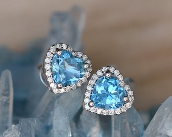 Blue Topaz Solid Gold Earrings with Diamonds | Halo Blue Topaz Earrings with Diamonds in 14k Gold | Heart Earrings