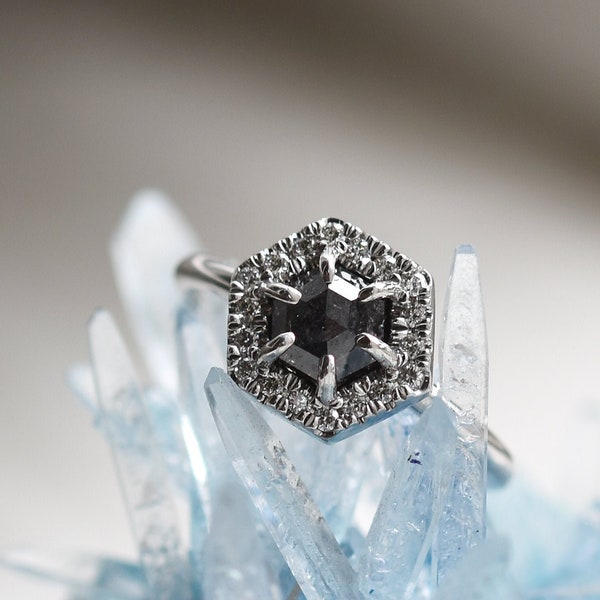 Hexagon Salt and Pepper Diamond Engagement Ring | 14k White Gold Halo Diamond Ring