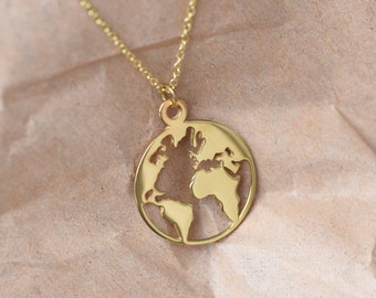 Weltkarte Solide 14k Gold Halskette | Weltkarte Halskette für Reisende | Massiv Gold Globe Halskette