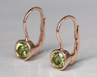 Genuine Peridot Solid 14k Gold Drop Earrings | Dangle Bezel Earrings with Round Peridots in Gold | | 14k Gold Peridot Lever Back Earrings