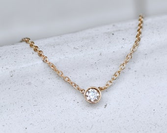 Dainty Solitaire Diamond 14k or 18 Gold Necklace | Platinum Diamond Necklace