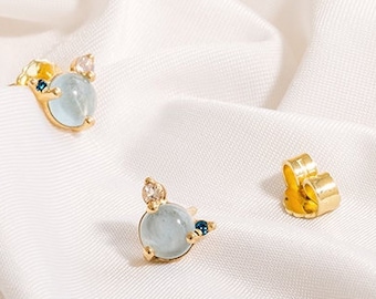Charming Aquamarine Cluster Studs | 14k or 18k Solid Gold Earrings with Moonstone | Platinum Earrings with Blue Diamond
