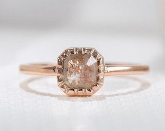 Stunning 14k Solid Rose Gold Ring with Salt and Pepper Diamond | Rose Gold Radiant Cut Diamond Ring