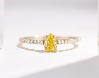 IGI Certified Lab Grown Diamond Ring | Sustainable Engagement Ring with Yellow Pear Diamond | 14k Yellow Gold Ring with Side Stones