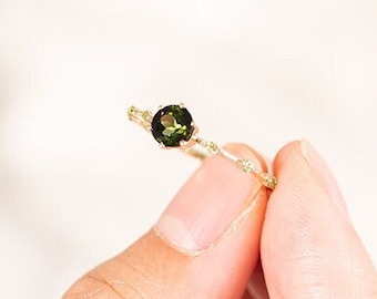Stunning Green Tourmaline Ring | 14k or 18k Solid Gold Engagement Ring with Green Gemstone | Platinum Ring with Side Peridots