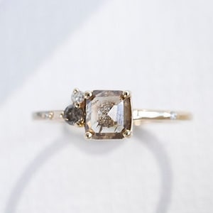 Stunning 14k Solid Gold Ring with Salt and Pepper Diamond Gold Radiant Cut Diamond Ring image 4