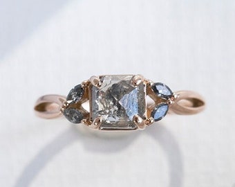 Unique Salt and Pepper Diamond Ring with Side Marquise Cut Side Stones | 14k Rose Gold Gray Diamond Ring
