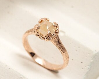 Statement Ring with Radiant Salt and Pepper Diamond | 14k Rose Gold Ring | Unique Hand Engraved Ring with Yellow Diamond