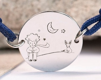 Bracelet chaîne écologique avec breloque dorée Le Petit Prince | Bijoux en argent recyclé avec le Petit Prince et le Renard