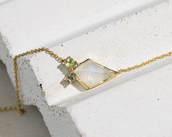 Statement 14k or 18k Gold Necklace with Kite Moonstone | Platinum Necklace with White Gemstone and Side Peridot and Tsavorit Granate