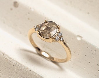 14k Yellow Gold Statement Ring with Oval Salt and Pepper Diamond | Unique Engagement Ring | Gray Diamond Ring with Round Side Diamonds