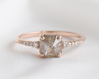 Unique Salt and Pepper Diamond Ring | Solid 14k Gold Ring with Cushion Diamond