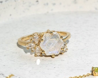 Unique Gold Ring with Hexagon Moonstone | 14k or 18k Solid Gold Gemstone Ring | Platinum Engagement Ring with Side Moissanites