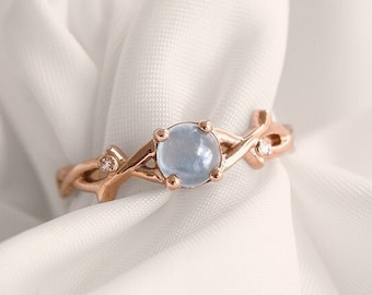 Charming Cabochon Aquamarine Gold Ring | 14k or 18k Solid Gold Ring with Blue Gemstone | Platinum Ring with Side Diamonds