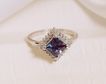Statement Solid Gold Ring with Alexandrite | Platinum Ring with Blue Gemstone and Side Diamonds