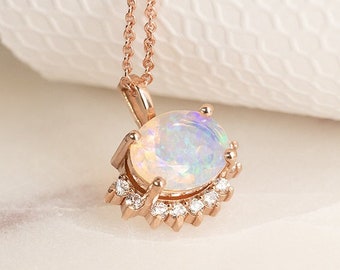 Half Halo Pendant with Oval Opal | 14k or 18k Gold Necklace with Pink Gemstone | Platinum Multicolored Pendant with White Diamonds